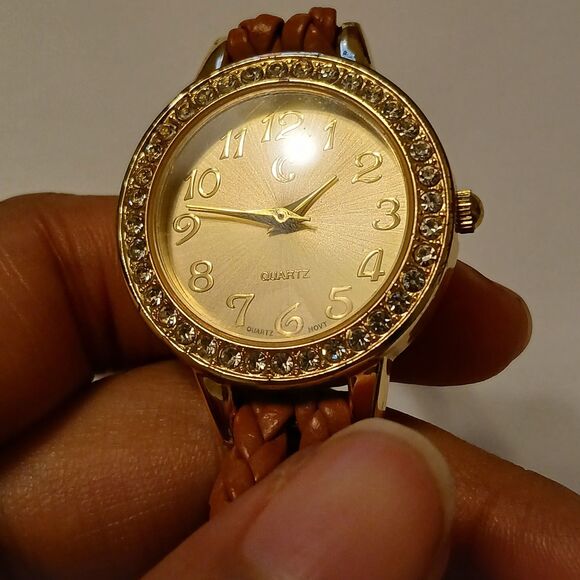 Women's Gold Tone Dial Rhinestone Bezel Brown Coil Wrap Bracelet Style Watch - Picture 6 of 8